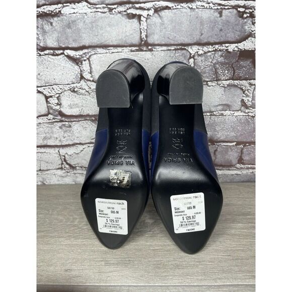 Via Spiga Midnight Navy Blue Leather Black Fabric Heels Women Sz 8.5B US/38.5EU - Picture 14 of 16